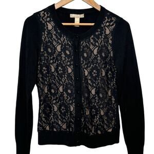 Banana Republic Small Black and Nude Lace Front Wool Blend Cardigan Sweater